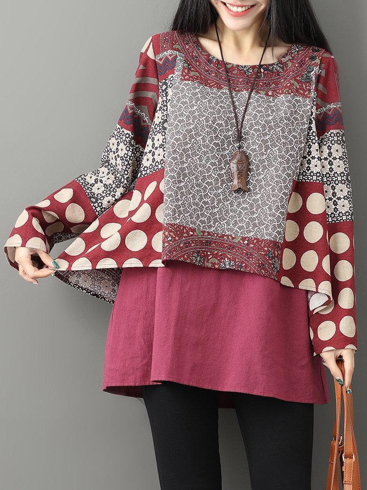 Casual Printed Two-Layer O-Neck Women Blouses