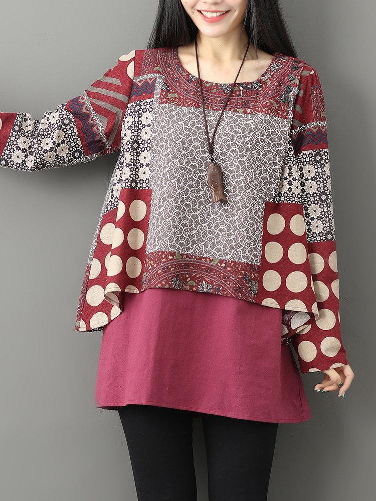 Casual Printed Two-Layer O-Neck Women Blouses