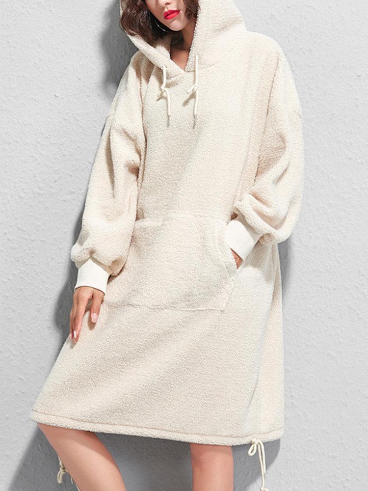 Cashmere Thick Hooded Solid Color Sweatshirt Dress