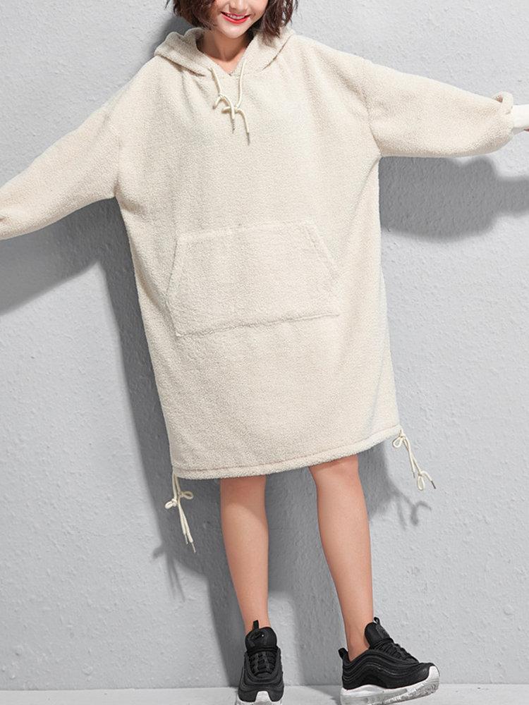 Cashmere Thick Hooded Solid Color Sweatshirt Dress