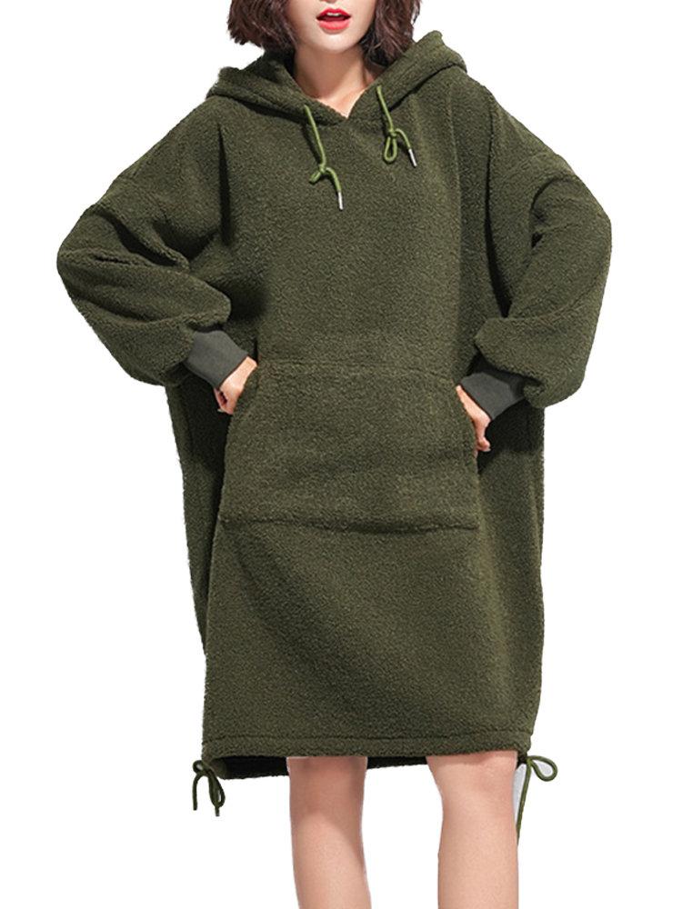 Cashmere Thick Hooded Solid Color Sweatshirt Dress