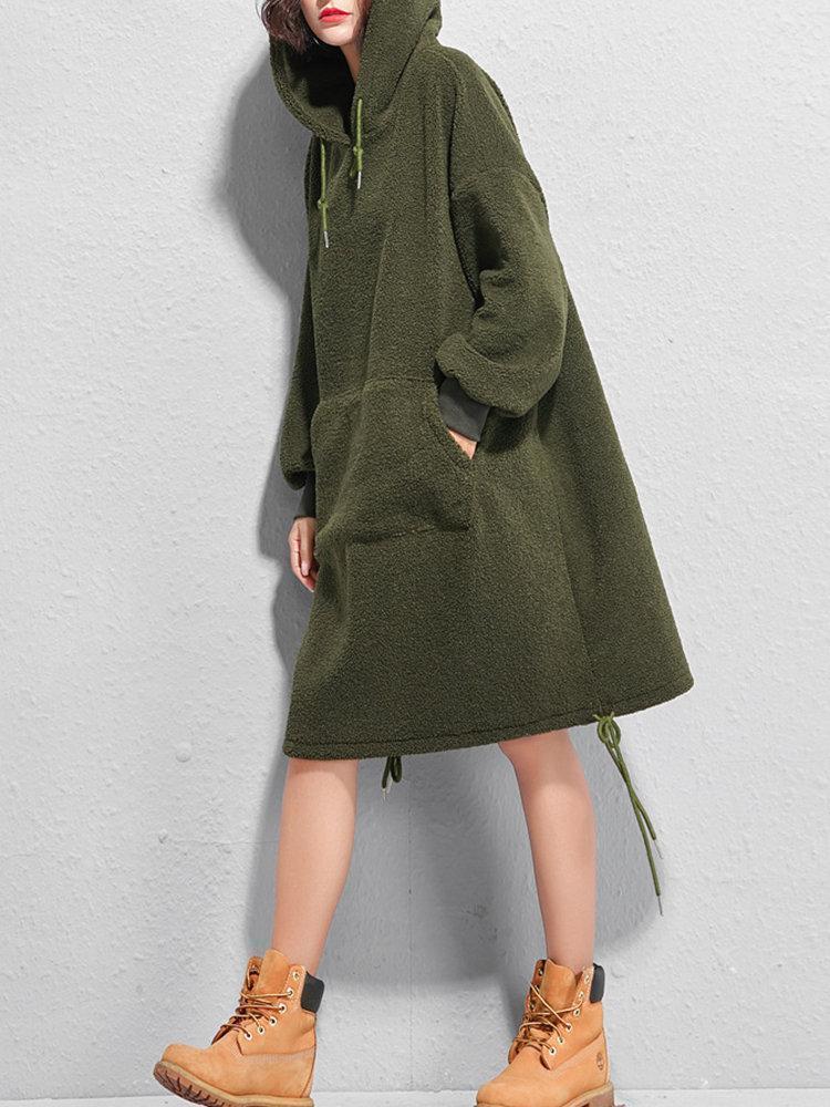 Cashmere Thick Hooded Solid Color Sweatshirt Dress