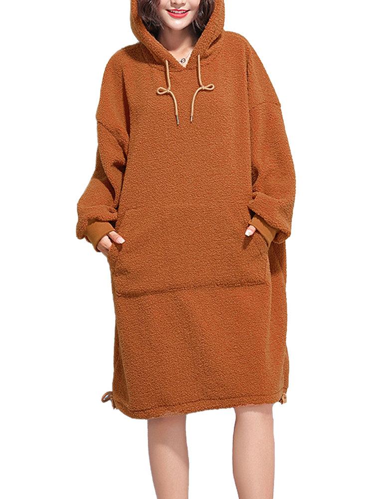 Cashmere Thick Hooded Solid Color Sweatshirt Dress