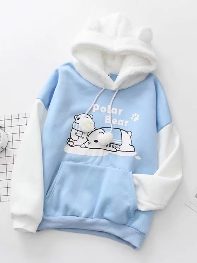 Women Cute Patchwork Cartoon Print Long Sleeve Hoodie