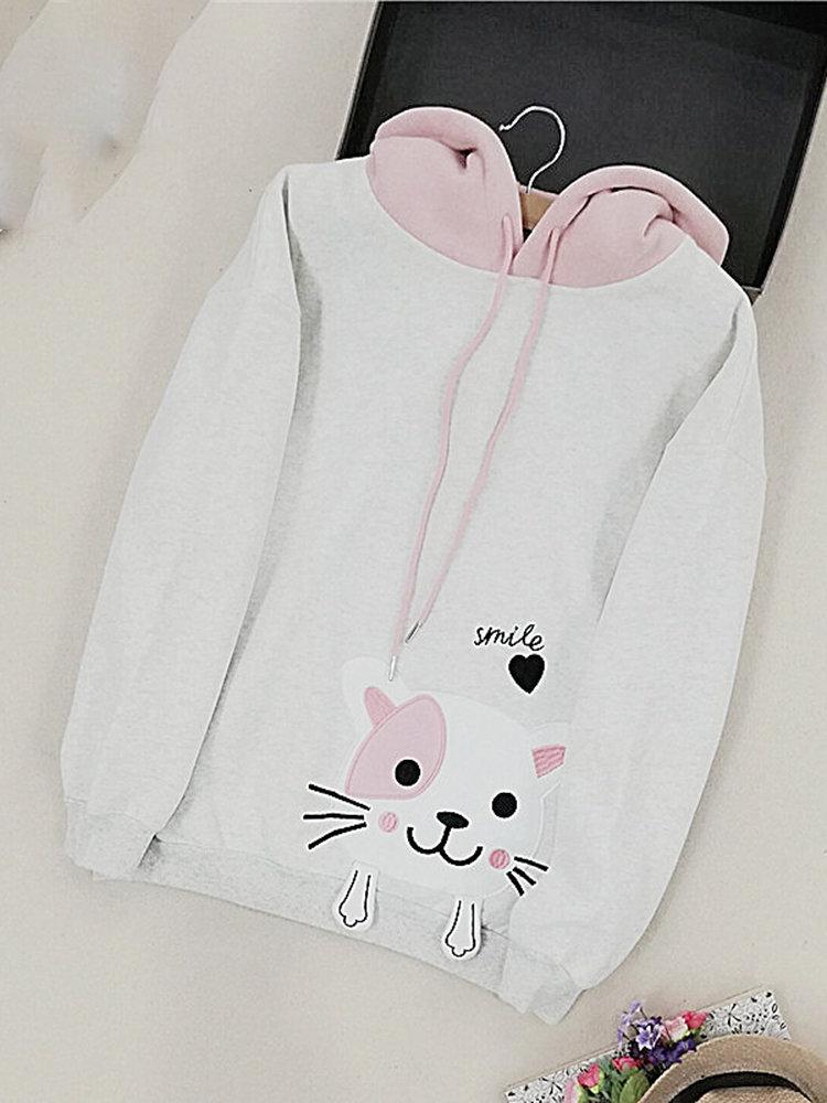 Embroidery Cat Loose Cute Hoodies For Women