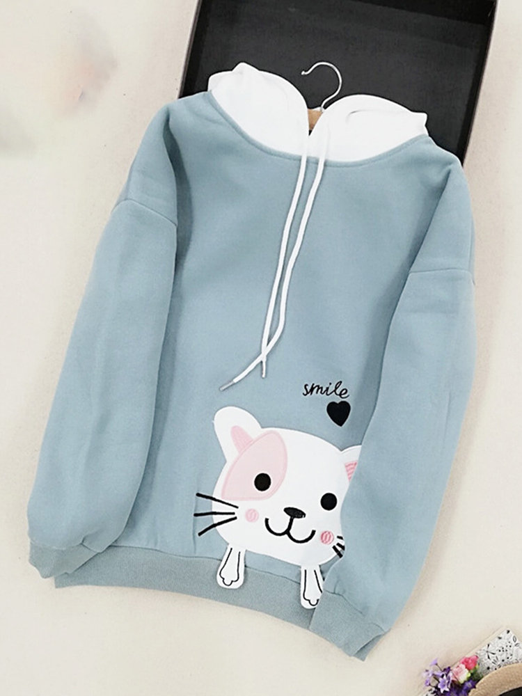 Embroidery Cat Loose Cute Hoodies For Women