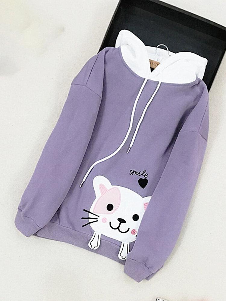 Embroidery Cat Loose Cute Hoodies For Women