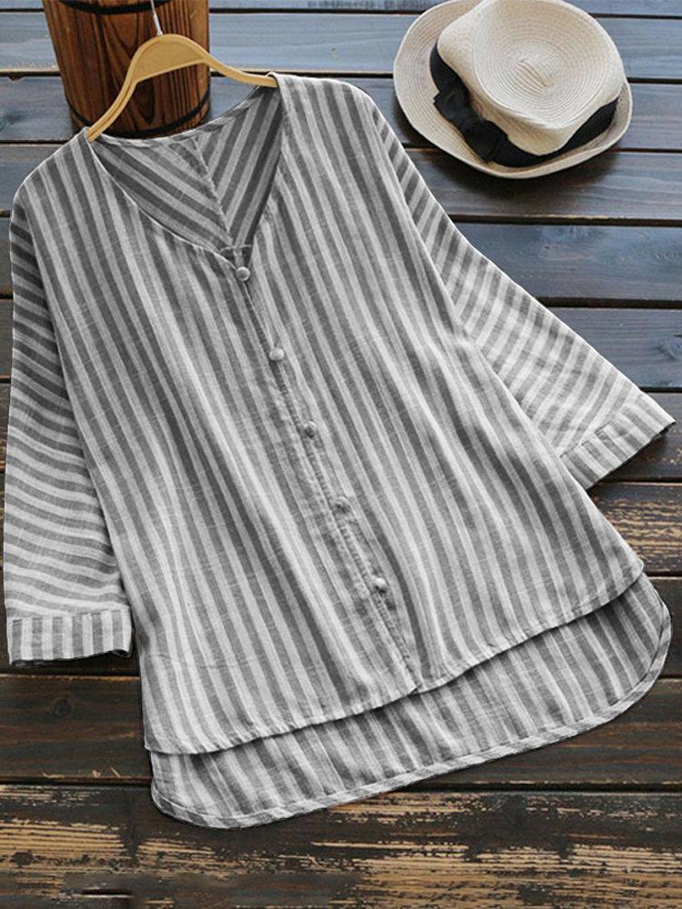 Vertical Striped V-neck High Low Long Sleeve Shirt