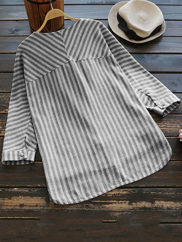 Vertical Striped V-neck High Low Long Sleeve Shirt