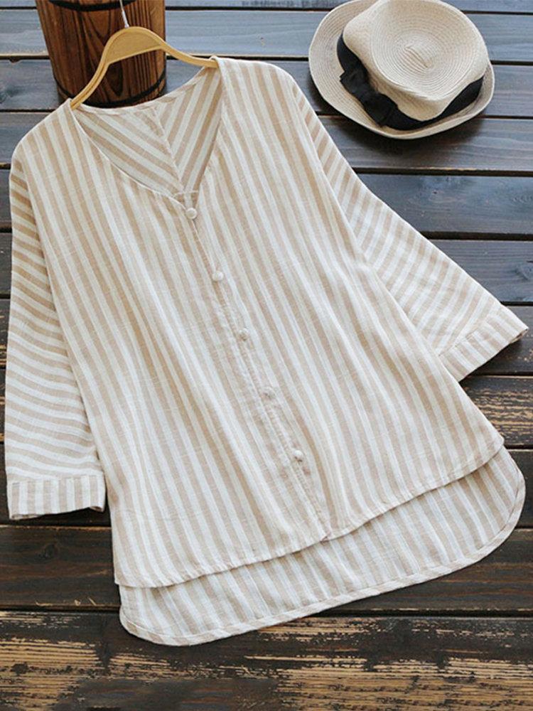 Vertical Striped V-neck High Low Long Sleeve Shirt