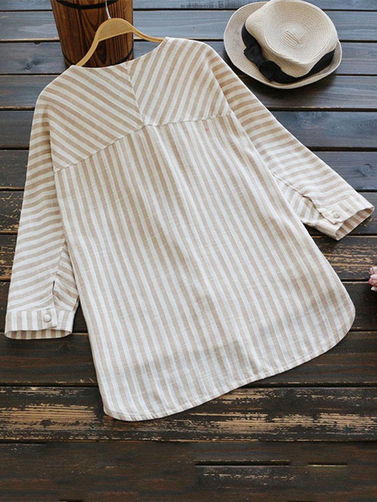 Vertical Striped V-neck High Low Long Sleeve Shirt