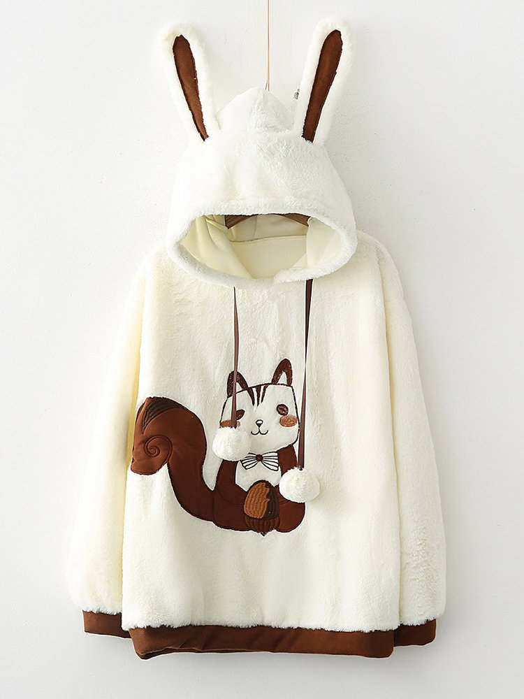 Casual Squirrel Pattern Embroidery Ears Hooded Women Hoodies