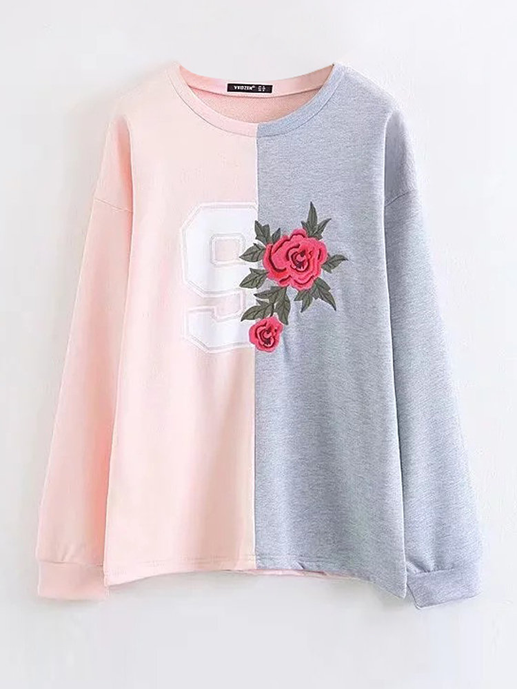 Casual Floral Embroidery Patchwork Long Sleeve Women Sweatshirts