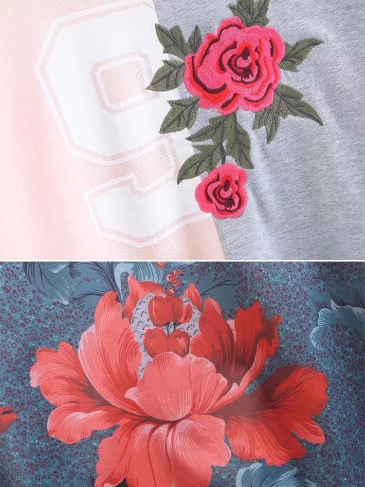 Casual Floral Embroidery Patchwork Long Sleeve Women Sweatshirts