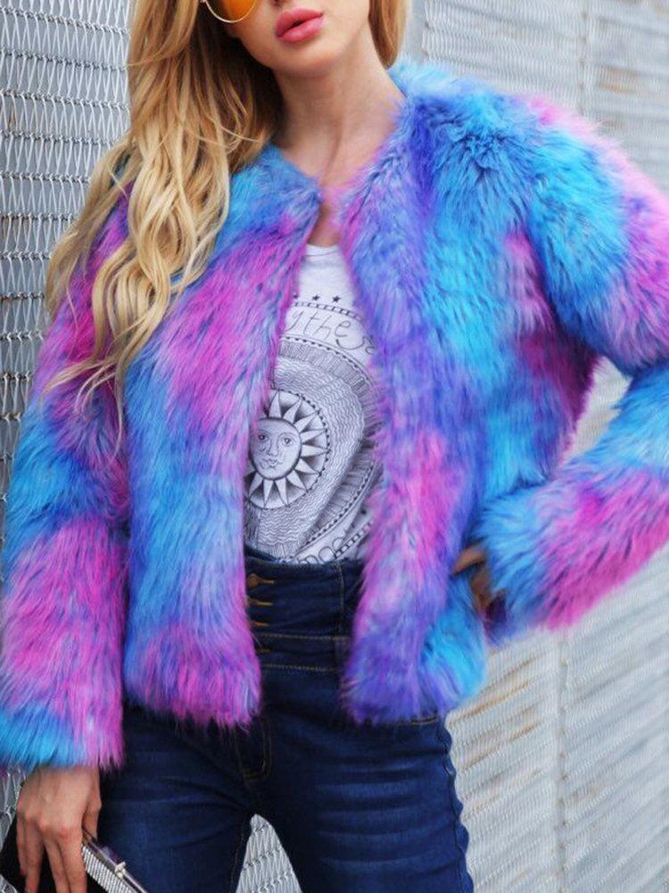 Faux Fur Fluffy Multicolor Colorful Block Long Sleeve Winter Slim Jacket