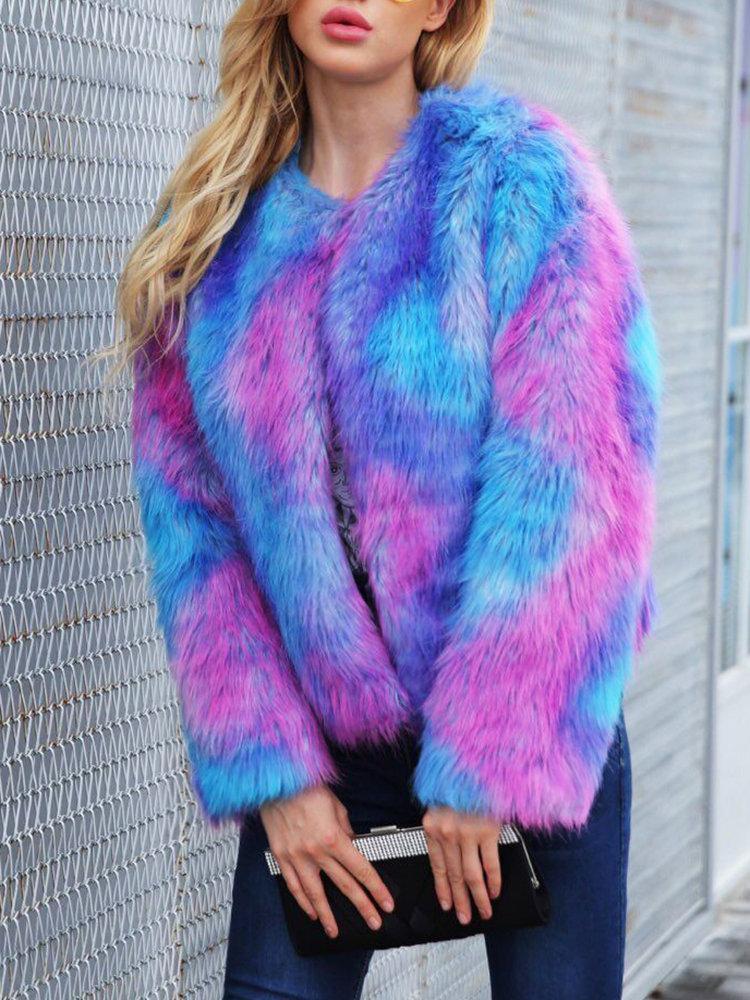 Faux Fur Fluffy Multicolor Colorful Block Long Sleeve Winter Slim Jacket