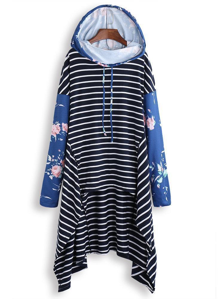 Stripe Floral Print Patchwork Long Sleeve Irregular Hoodie