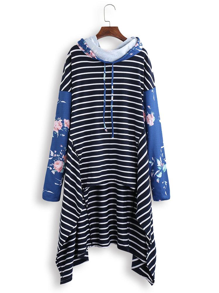 Stripe Floral Print Patchwork Long Sleeve Irregular Hoodie