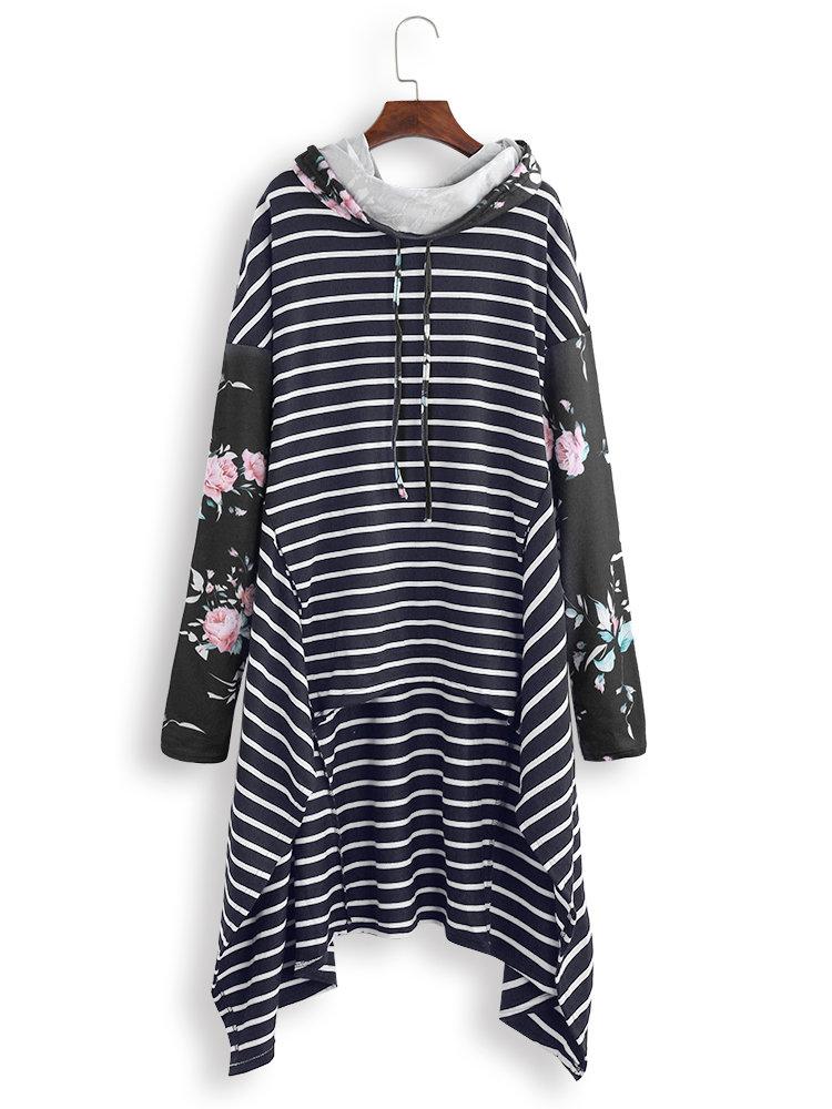 Stripe Floral Print Patchwork Long Sleeve Irregular Hoodie