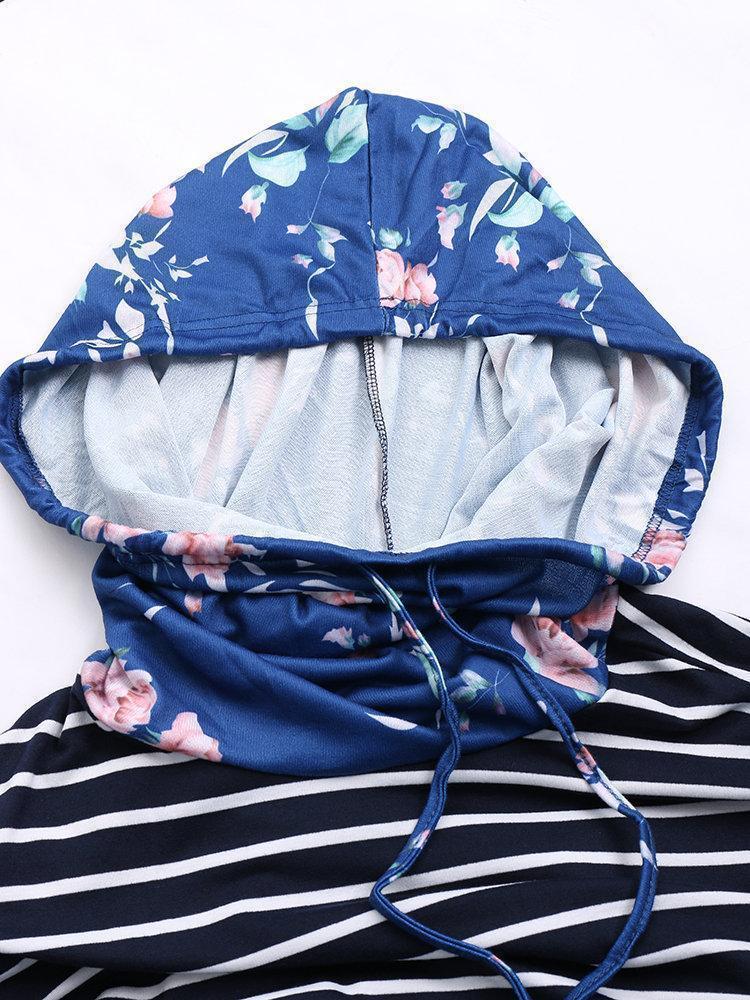 Stripe Floral Print Patchwork Long Sleeve Irregular Hoodie